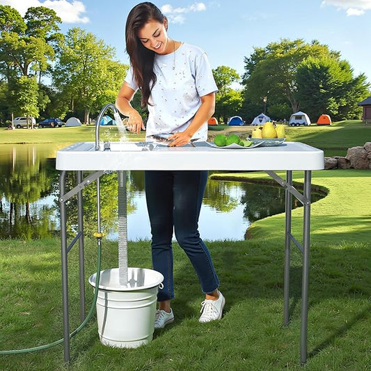 42.5" Fish Cleaning Table with Sink, Folding Camping Table & Fish Cleaning Station with Measure Mark, Camping Sink with Hose Hookup for Outdoor Picnic, Beach, Dock & Patio Use