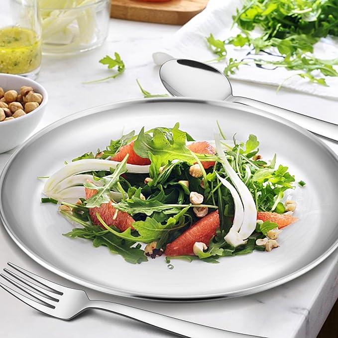 Homikit Stainless Steel Kids Plates Set of 8, 9 Inch Metal 304 Toddler Plates for Kids Children, 18/8 Non Toxic Dinner Dishes for Eating Feeding Serving Camping, Dishwasher Safe & Reusable