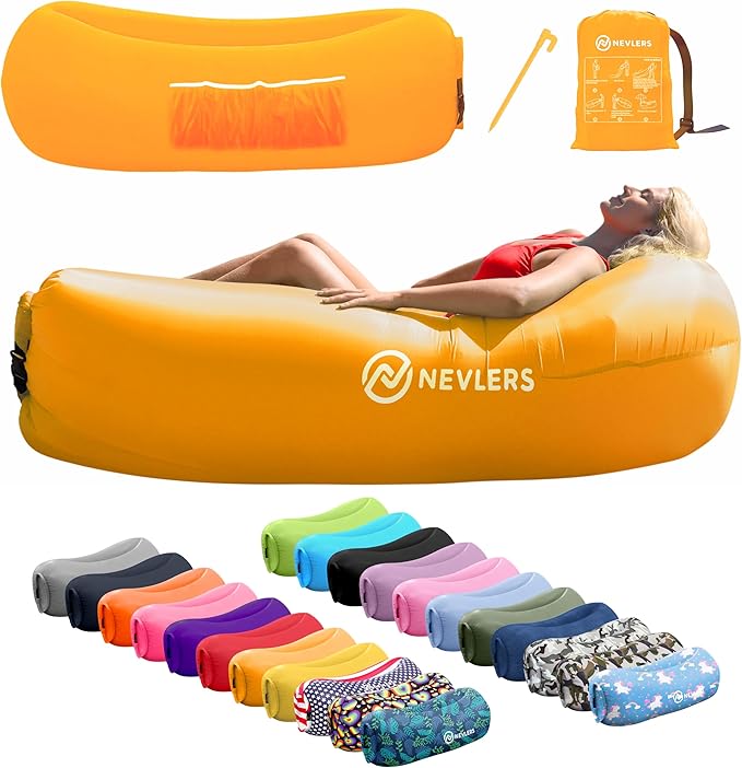Nevlers Inflatable Lounger | 210T Polyester Inflatable Chair | No-Pump Blow Up Couch | Camping Couch Air Sofa Bed w/ 450 lbs. Cap., Pockets & Matching Bag | Use as Inflatable Couch for Adults & Kids