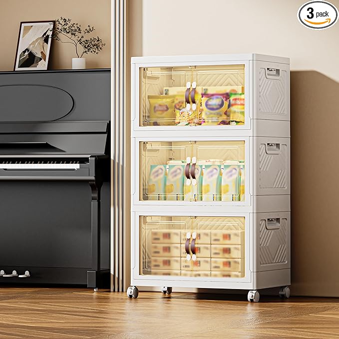 252 QT / 63 Gal Magnetic Door Storage Bins Collapsible Stackable w/1 Lid, Heavy Duty Plastic Cabinet with Wheels for Home Office Organization (White)