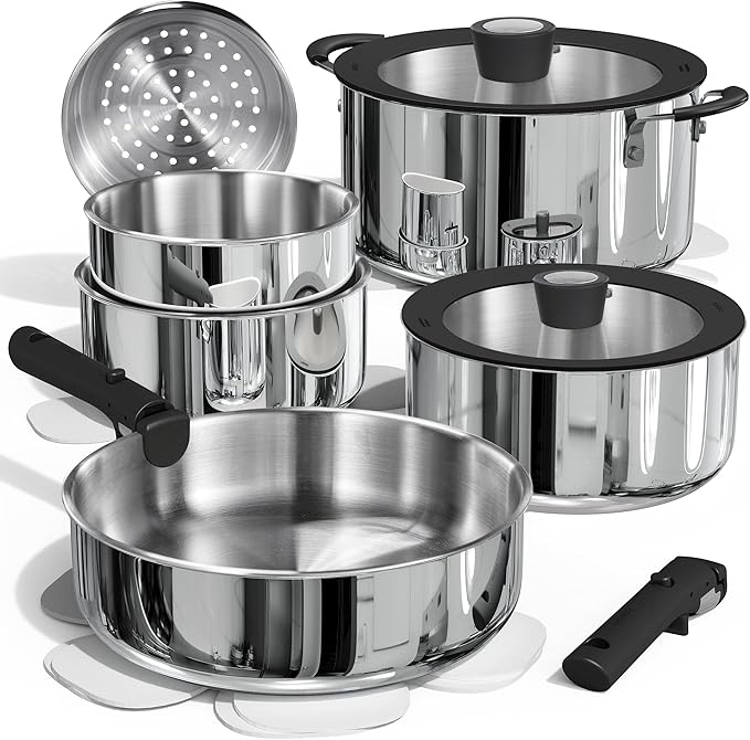 CAROTE 14pcs Stainless Steel Cookware Set with Detachable Handle, Nonstick Pots and Pans Set, Induction Kitchen Cookware Sets with Removable Handle, RV Cookware Set, Oven Safe, Camping Cookware, Black