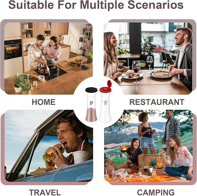 Set of 2 Clear Salt and Pepper Shakers, Plastic Spice Jars with Colorful Lids, Leakproof Moisture-Proof for Home Kitchen Restaurant, Camping, Travel, Picnic (Black Red)