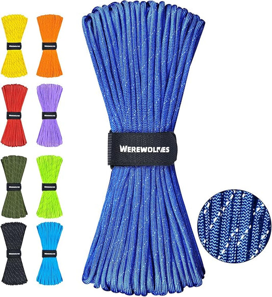 WEREWOLVES Reflective Paracord Rope 7 Strand Type III Parachute Cord 4mm 100ft / 200ft for Tent Camping Hiking Fishing Survival Tactical Clothesline DIY Projects