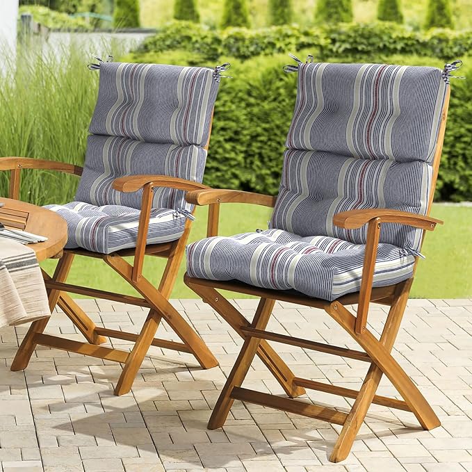 LVTXIII Outdoor Tufted High Back Cushions Set of 2 Patio Seasonal Replacement Rocking Chair Cushion with Ties, Solid Seat and Back Chair Cushion, (44” L x 22W”, Stripe Denim Blue)