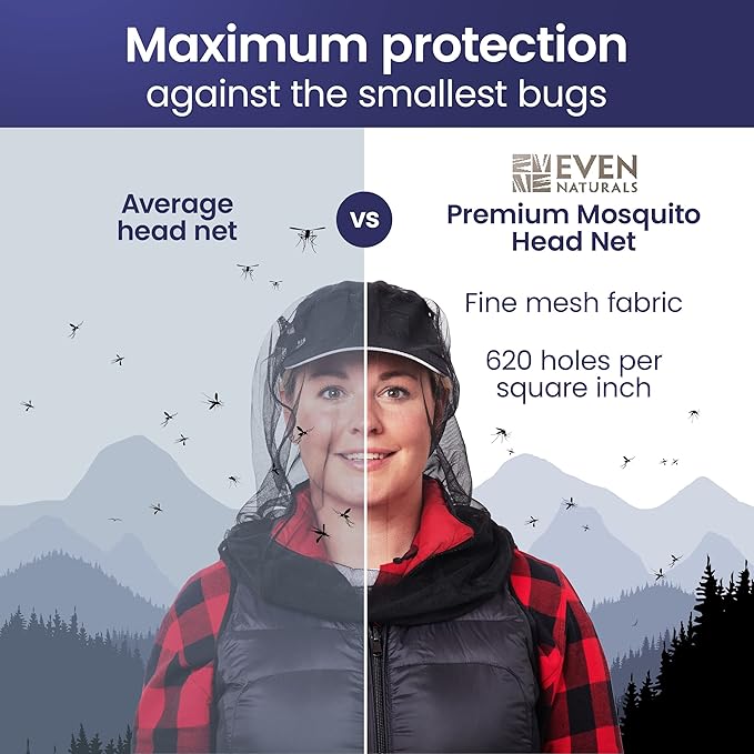 EVEN NATURALS Premium Mosquito Head Net - Ultra Large and Long, Extra Fine Holes, Mesh (39 * 26 * 25 inch)