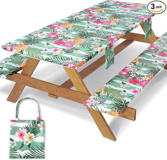 3 Piece Picnic Table Cover with Bench Covers Elastic Fitted Heavy Duty Camping Table Cloths for 6Ft Tables Camper Travel Trailer Must Haves Motorhome Garden Organization Mom Dad Birthday Gift