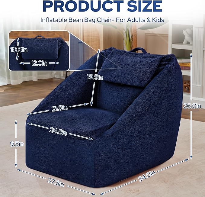 HABUTWAY Inflatable Bean Bag Chairs for Adult Blow up Chair Portable Inflatable Bean Bag Couch w/Electric Air Pump,Handle & Side Pocket for Movie Night Reading Gaming Living Room - Dark Blue