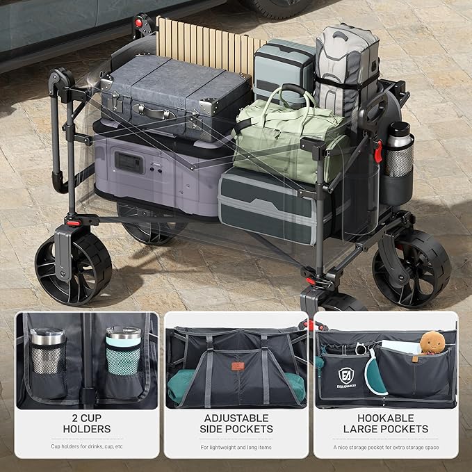 EVER ADVANCED Folding Push Wagon with Brakes, Portable Shopping Cart, Collapsible Wagon Cart with All-Terrain Big Wheels for Camping, Beach, Sports