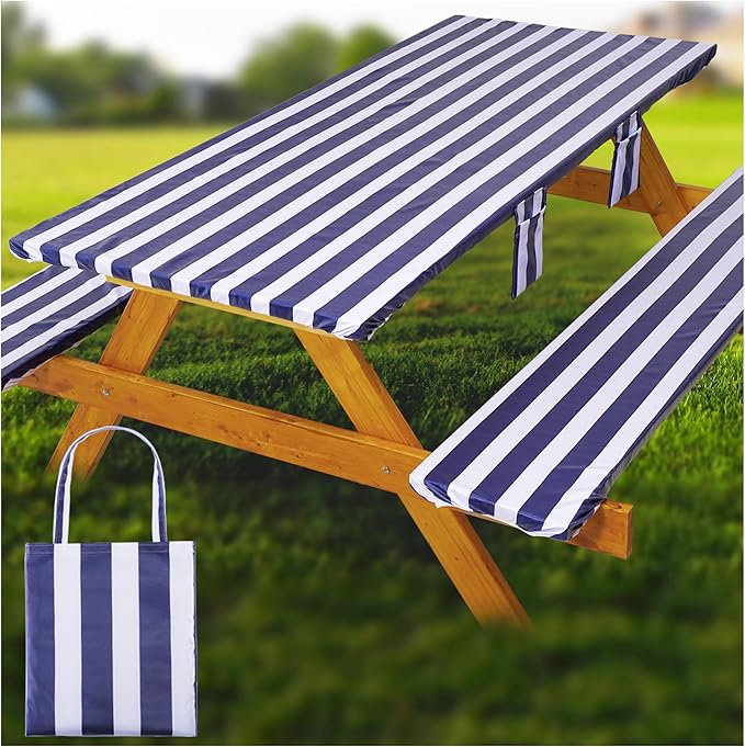 Fitted Picnic Table Cover with Bench Covers Waterproof Elastic Edges Rectangle Patio Tablecloth Outdoor Camping Essentials Stuff Rv Accessories Summer Trip Travel Supplies Party Camper Gifts, 6 ft