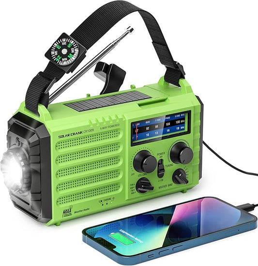 Emergency Weather Radio – 18500mWh Portable AM/FM/SW/NOAA Radio with Solar Hand Crank, Rechargeable Battery, USB Charger, LED Flashlight, Reading Light, and SOS Alarm, for Home Outdoor (Green)
