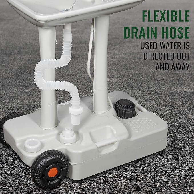 Hike Crew XL Portable Outdoor Foot Pump Camping Sink – Collapsible Hand Wash Basin w/ 7 Gallon (30L) Water Tank, Wheels, Soap Dispenser, Gooseneck Faucet & Towel Holder – for RV, Travel, Worksite