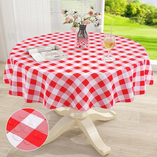 misaya Round Waterproof Vinyl Table Cloth, Buffalo Flannel Backed Tablecloth, Wipeable Plastic Table Cover for Dinner, Kitchen, Picnic (60", Red and White)