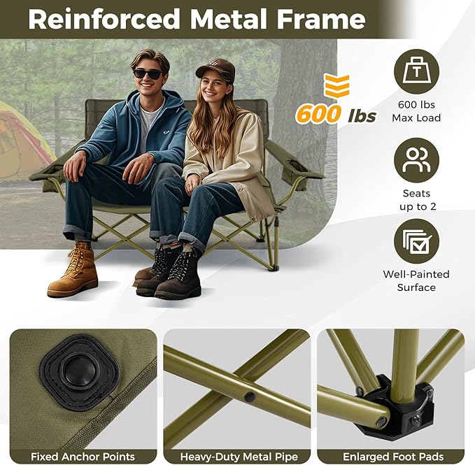 Tangkula 2 Person Oversized Camping Chair, Fully Padded Folding Loveseat Camp Chair with Adjustable Armrests, Cup Holders, Carrying Bag, Portable Double Outdoor Lawn Chair for Camping