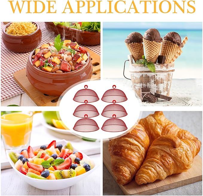 Gerrii 6 Pcs Metal Mesh Food Cover Outdoor Mesh Food Tents Dome Screen Plate Covers for Dinner Plates Reusable Fruit Fly Nets Picnic Food Umbrella for Table, BBQ, Camping, Party (Red,11 Inch)