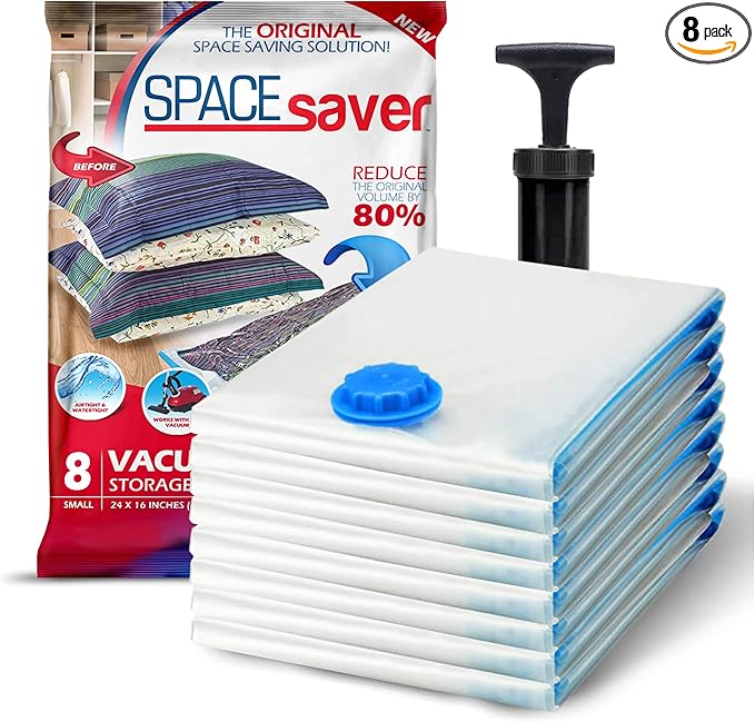 8 Pack Small Vacuum Storage Bags for Comforters, Blankets & Clothes – Vacuum Sealed Compression Bags with Hand Pump – Space Saver Storage Bags for Bedding, Moving, Travel & Organization