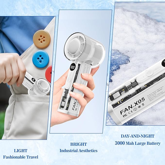 Portable Handheld Fan,Adjustable Speed(1-100),Rechargeable Personal Fan with Ice Cooler and LED Display,Portable Cooling fan for Travel/Camping/Outdoor (white)