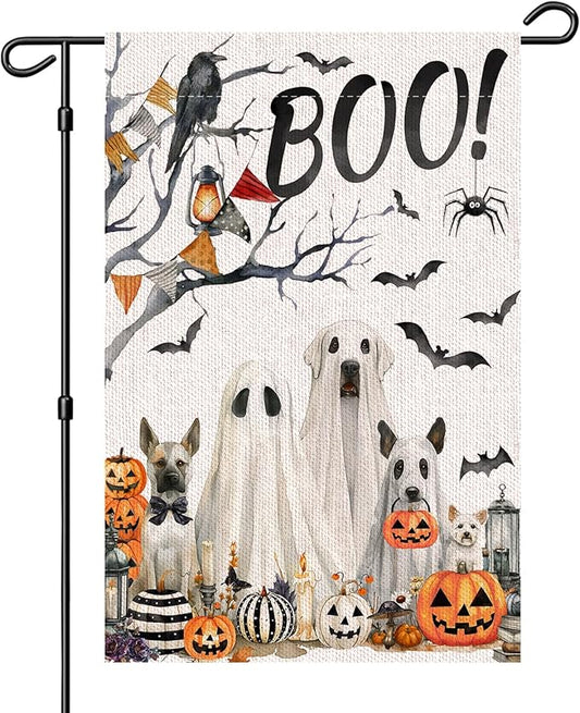 Halloween Boo Garden Flag 12x18 Inche Double Sided, Scary Spooky Dog Ghost Bat Pumpkins Autumn Burlap Garden Flags for Halloween Themed Party Farmhouse Holiday Seasonal Decor