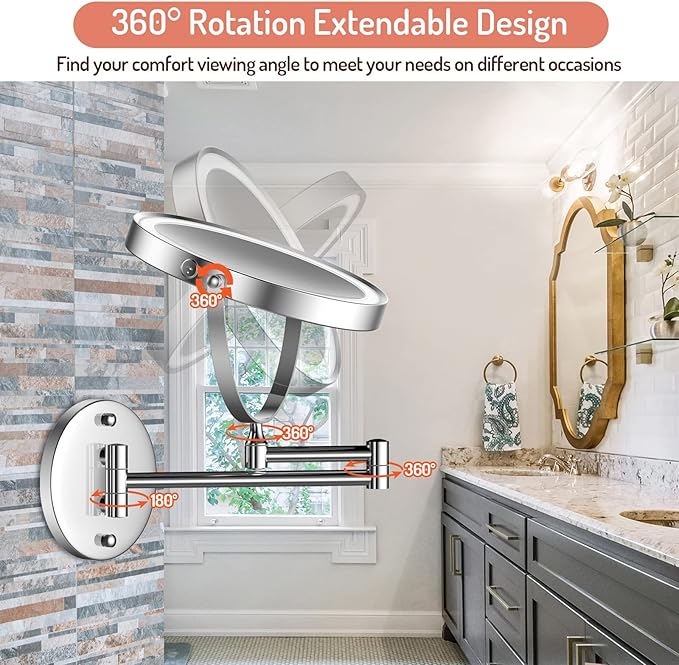 Rocollos Rechargeable Wall Mounted Lighted Makeup Mirror, 8 Inch Double-Sided LED Vanity Mirror 1X/7X Magnification,3 Color Lights Touch Screen Dimmable 360°Swivel 13 Inch Extendable