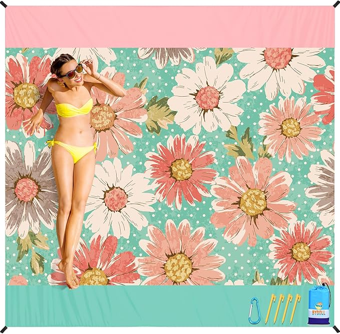 BYDOLL Beach Blanket Waterproof Sandproof 78''×81'' Suits1-4 Adults Compact Lightweight Oversized Sand-Free Blanket Large Picnic Mat for Beach Travel Camping Hiking