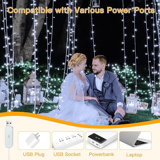 Ollny Curtain Lights 6.6x6.6ft, 200 LED White String Lights with Remote 8 Modes Dimmable Timer, USB Power Fairy Light for Bedroom Backdrop Indoor Wall Window Wedding Decor