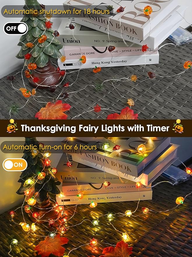 Fall Decorations 3D Pumpkin Acorn Maple Leaf Fairy Lights Battery Operated with Remote, 10FT 30 LED String Lights Outdoor & Indoor, Waterproof 8 Modes for Garland Harvest Thanksgiving Halloween Decor