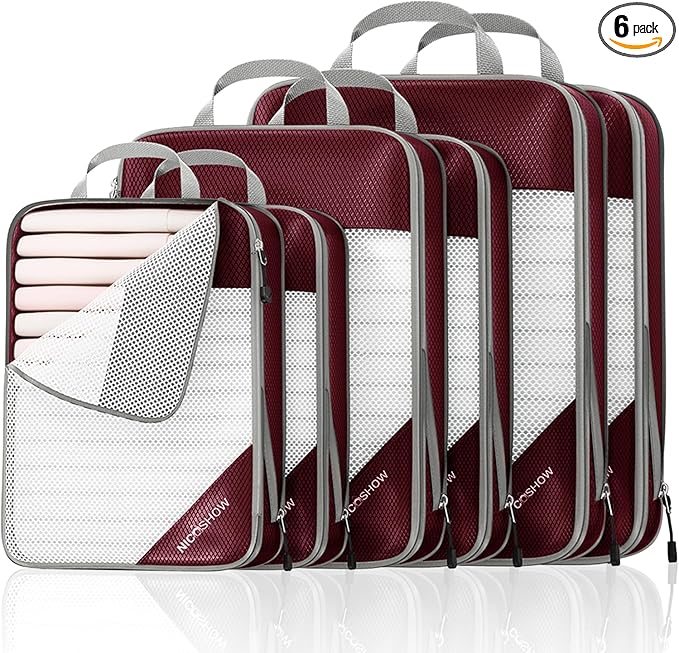 6 Set Compression Packing Cubes for Travel - Compressible, Lightweight, and Space-Saving Packing Cubes, Travel Essentials for Women, Wine