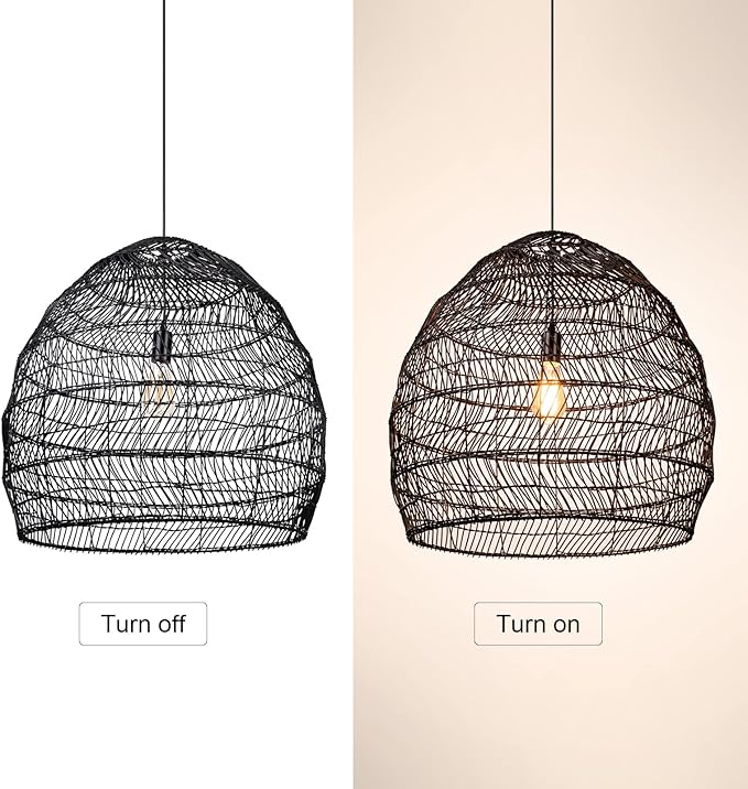 Arturesthome 19.6" Rattan Chandelier for Kitchen,Black Woven Basket Pendant Light Shades, Handwoven Pendant Lampshade for Bedroom Kitchen Farmhouse