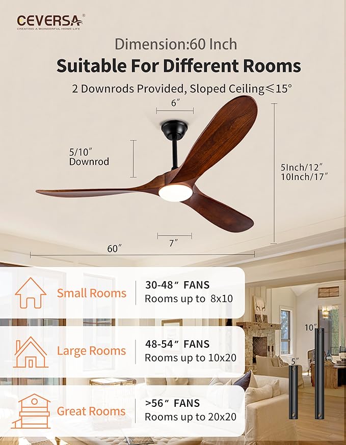 60 Inch Outdoor Ceiling Fans with Lights and Remote,3 Blades Wood Propeller, Quiet DC Motor,Rustic Outdoor Ceiling Fans for Patios,Farmhouse,Living Room,Bedroom, Indoor,Walnut