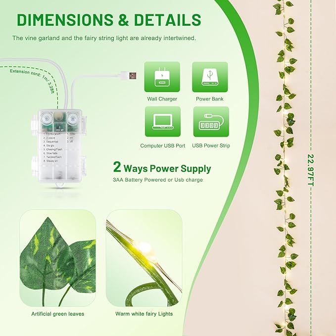 YOUNGAR Vine with Fairy Lights Battery/USB Operated,23ft 73 LED Pothos String Lights with Memory and Timer,Leaf Lights for Bedroom, Room, Garden, Party, Wedding,Wall Decor (Warm White)