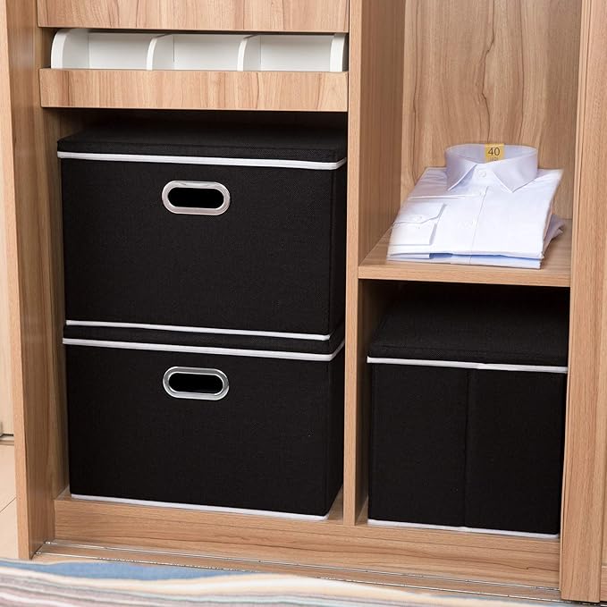 PRANDOM Large Foldable Storage Box with Lid [1-Pack] Fabric Collapsible Storage Bin Organizer Container Basket Cube with Cover for Home Bedroom Closet Office Nursery Black (17.7x11.8x11.8)