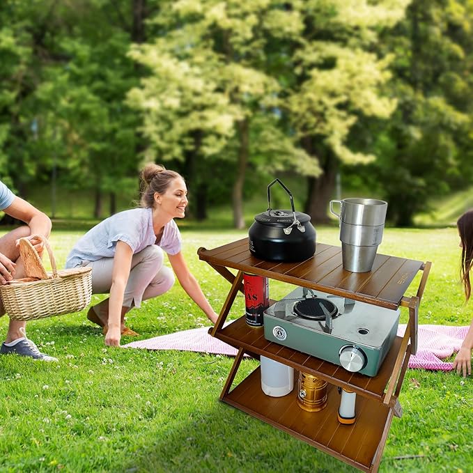 Foldable Bamboo Shelf, Folding Shoe Rack, Flower Rack, Camping Rack, No Installation Required, Portable, Space Saving, Multi-Purpose Storage Rack (Walnut,3 Tiers)