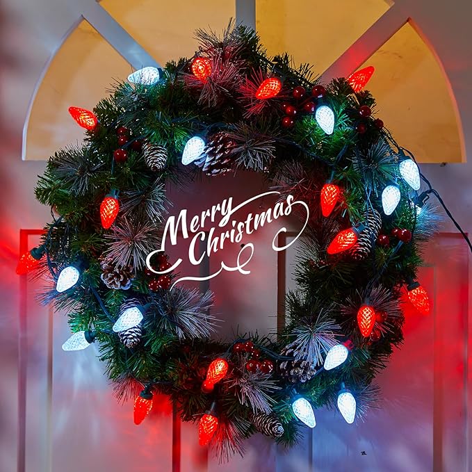 C9 LED Christmas Lights Outdoor, 81 Feet 100 LED String With Timer & 8 Light Mode, Waterproof Commercial Grade Christmas Tree for Outside Indoor Roofline Patio, Red & Pure White 2 Pack