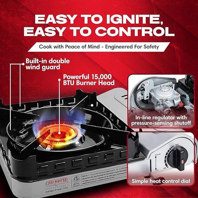 15,000 BTU Output Portable Butane Camping Stove by Chef Master, Double Wind-Guard Portable Stove Burner, Peizo Click Ignition for Emergencies, Tailgating, Hiking, Backpacking, Camping Essential -90019