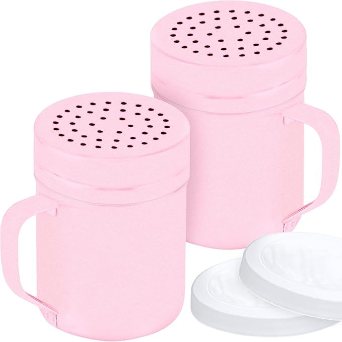 CUSINIUM 10oz Pink Stainless Steel Salt Pepper Dredge Shakers - With Plastic Cap - With Handle - Pack of 2