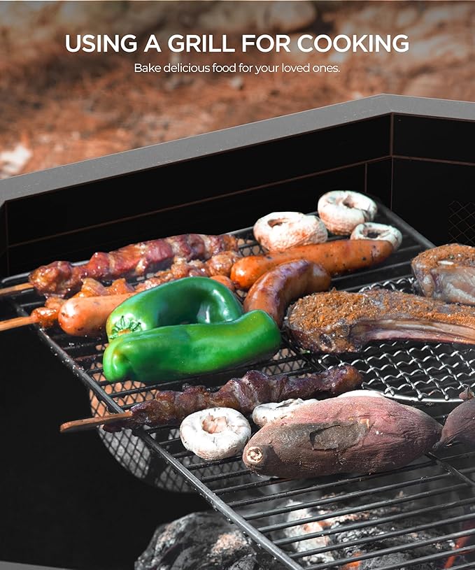 43 inch Fire Pit, Outdoor Fire Pits with Cooking Grill, Wood Burning Fire Pits for Outside, Octagonal Heavy Duty Large Firepit with Poker for Bonfire, Backyard, Camping, Bronze