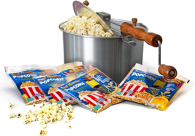 Original Whirley Pop Popcorn Maker - 6 Quart Stovetop Popcorn Popper With Four Popping Kits, Aluminum Popcorn Pot With Metal Gears, Wabash Valley Farms Stove Top Popcorn Maker, Popcorn Pan (Silver)