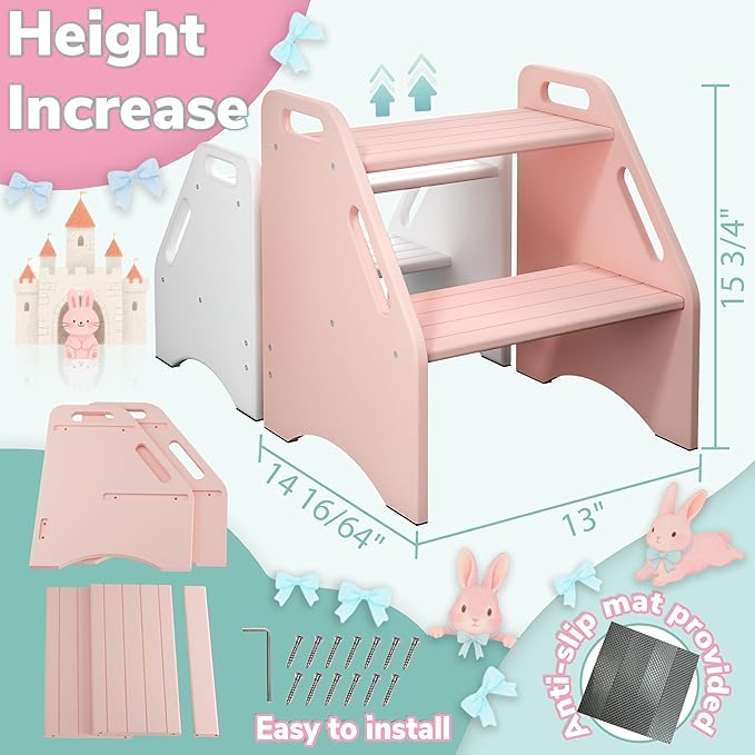 AMBIRD Wooden Kids Step Stool, 15.75'' H Potty Training Toddler 300 lbs Capacity with Safety Non-Slip Pads and Handles, Kitchen Step Stools for Kids, Bamboo Step Stool for Bathroom, High Beds (Pink)
