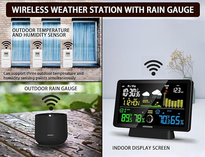 Weather Station with Rain Gauge, Home Weather Stations Wireless Indoor Outdoor with Rain Gauge, Thermometer, Barometric Pressure, Humidity Monitor, Atomic Clock, Digital Weather Forecast and Alerts