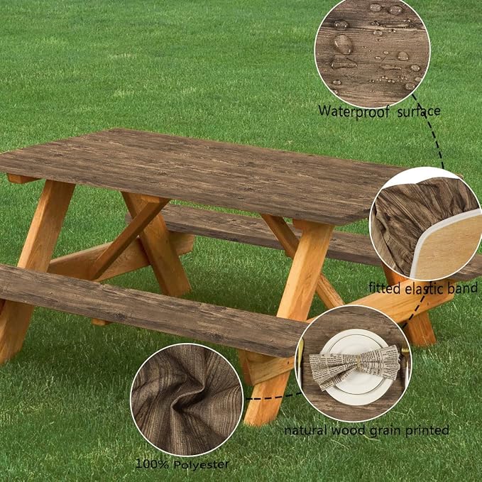 famibay 3 Piece Picnic Table Cover and Bench Covers Waterproof Polyester Camping Table Cover with Elastic Washable Fitted Picnic Table Cover for Rectangle Tables(Wood Grain,12" x72"+30" x72")
