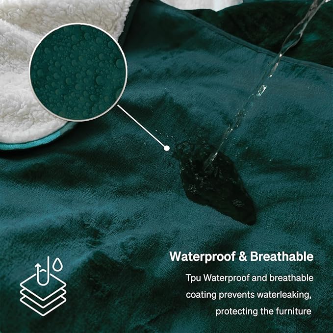 Waterproof King Size Blankets for Bed Spill-Proof, Water Proof & Mess-Free Cozy Flannel Splash Blanket Reversible Mattress or Furniture Protector for Queen, King Beds(Emerald Green)