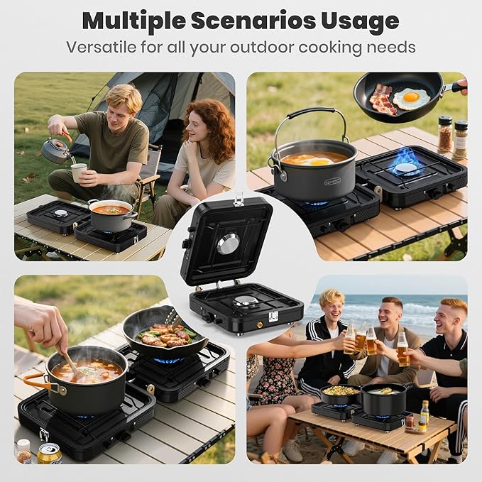 2 Burner Camping Stove, Folding Propane Camp Stove with Portable Carrying Bag, Adjustable High Heat Burners & Piezo Push-Button Instant Ignition, Outdoor Tailgating, Backyard BBQ Camping Essentials