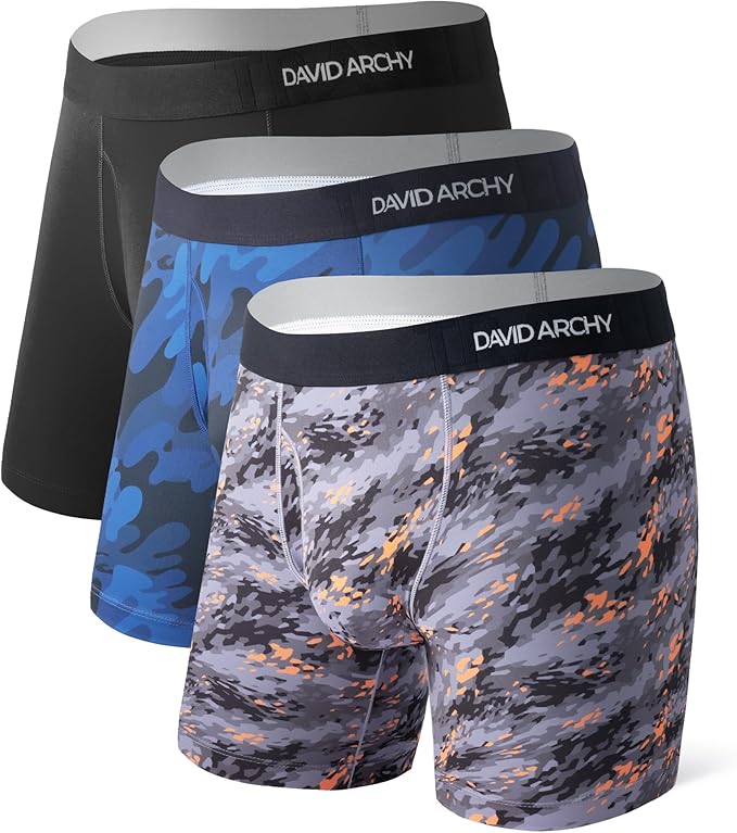 DAVID ARCHY Mens Performance Boxer Briefs 3 Pack, 3D Support Pouch & No Ride-Up Design Moisture-Wicking Sport Underwear
