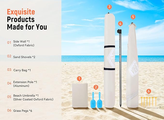 Beach Cabana, 6.2' x 6' Portable Canopy with Side Wall, 4 Adjustable Height, UPF 50+ UV Protection, Easy to Set Up Tent, Waterproof Beach Shelter for Outdoor Patio