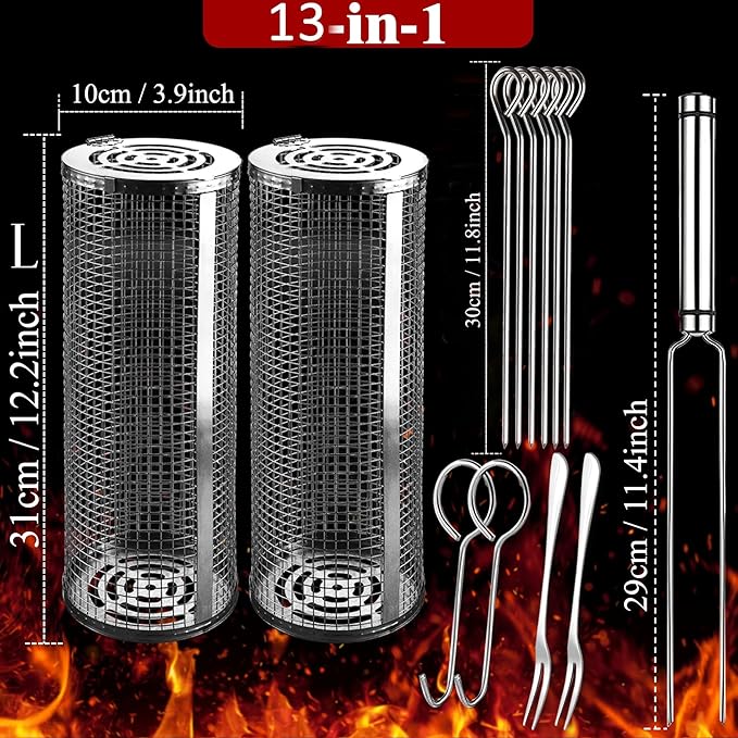 Rolling Grilling Baskets for Outdoor Grill Must Have Bbq Round Mesh Net Tube Large Barbecue Cylinder Cage Essentials Gadgets Cooking Accessories for Picnic Veggies Vegetable Fish Meat, Gift for Men
