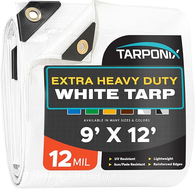 9' x 12' Extra Heavy-Duty White Poly Tarp – 12 Mil Thick, Waterproof, UV-Resistant Polyethylene with Reinforced Edges, Double-Stitched Hems, and Rustproof Grommets
