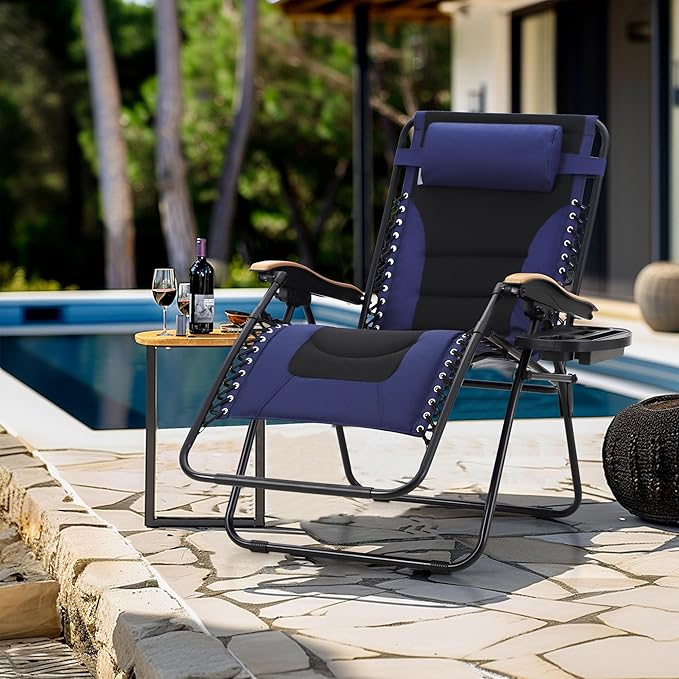 MFSTUDIO Zero Gravity Chairs Set of 2, XL Oversized Outdoor Anti Gravity Chair, Patio Lounge Folding Adjustable Chair with Cup Holder & Padded Headrest, Support 400lbs,Navy Blue