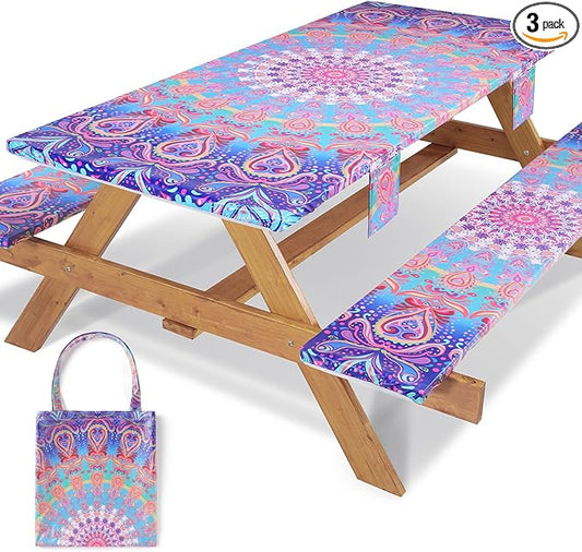 72x30 Picnic Table Cover with Bench Covers Reusable Polyester Camping Tablecloths for Outdoors Camp Trailer Stuff Traveling Road Trip Necessities Retirement Boho Summer Fall Party Decorations