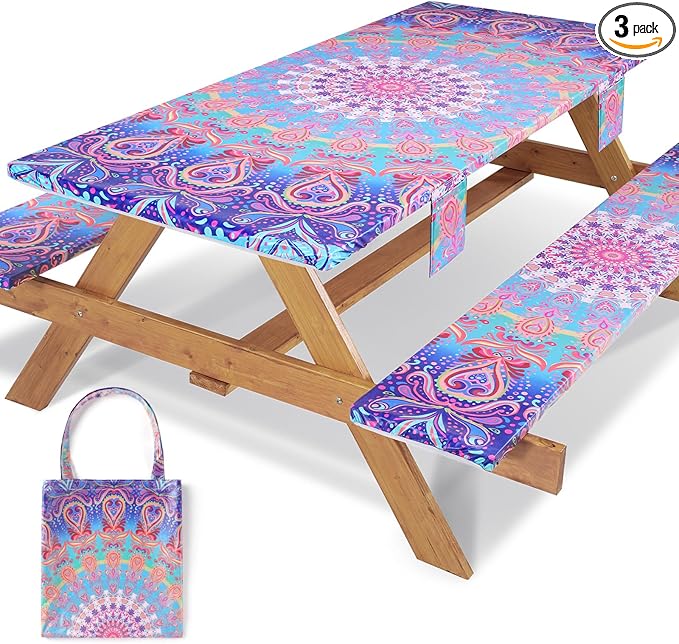8Ft Fitted Elastic Picnic Table Cover with Bench Covers Vinyl Reusable Boho Large Waterproof Stain Resistant Camping Tablecloths Holiday Festival Decor for Camp Outdoors Parties Trips Garden