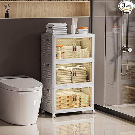 200 QT / 50 Gal White Storage Bins with 1 Lid - Collapsible Stackable Cabinet Organizer w/Wheels & Magnetic Doors, Plastic Storage Box for Office Closet Organization