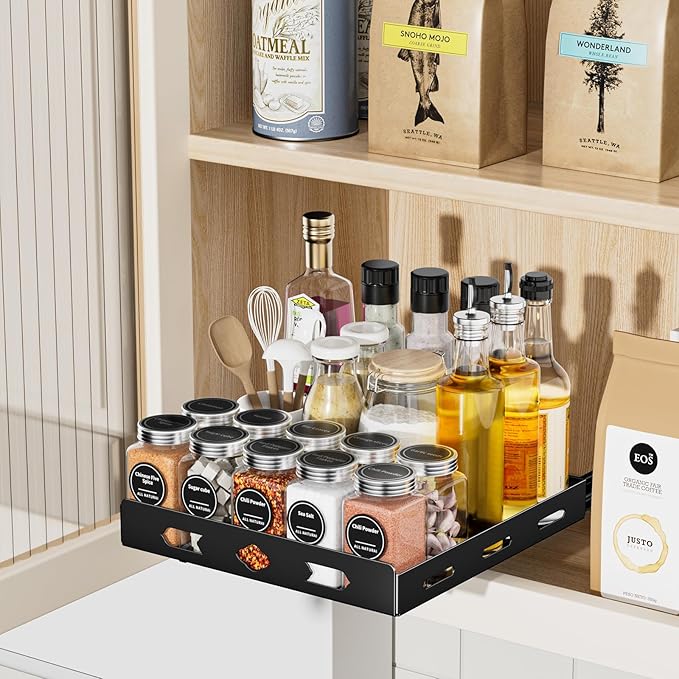 Pull Out Spice Rack Organizer for Cabinet, Heavy Duty Spice Organizer, Vertical Spice Rack Organizer for Kitchen, Cabinet, Pantry (10.5''Wx10.5''Dx2.8''H, Metal Black)